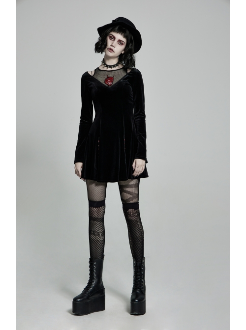 Mesh Collar Front Chest Embroidery Long Sleeve Ribbon Decoration Hem Black Gothic Silk Knit Dress