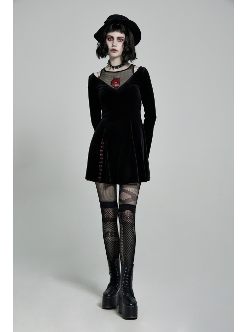 Mesh Collar Front Chest Embroidery Long Sleeve Ribbon Decoration Hem Black Gothic Silk Knit Dress