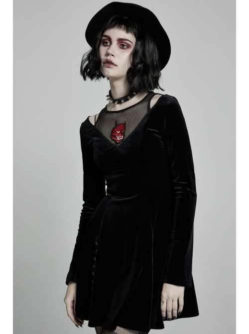 Mesh Collar Front Chest Embroidery Long Sleeve Ribbon Decoration Hem Black Gothic Silk Knit Dress