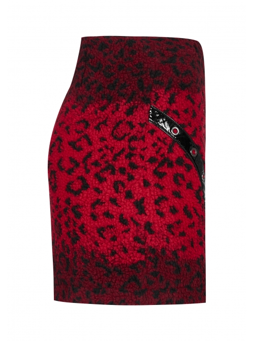 Metal Eyelets Leather Strap Decoration Red Punk Leopard Print Camo Fleece Skirt