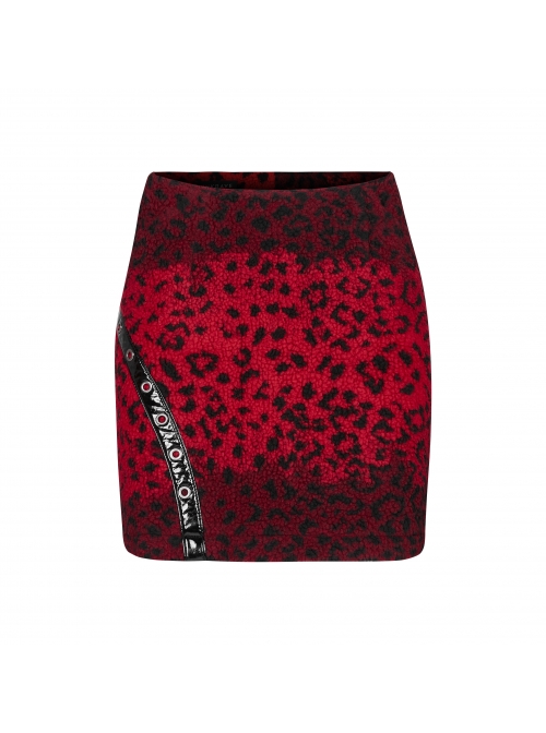 Metal Eyelets Leather Strap Decoration Red Punk Leopard Print Camo Fleece Skirt