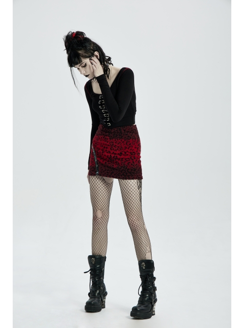 Metal Eyelets Leather Strap Decoration Red Punk Leopard Print Camo Fleece Skirt