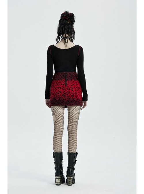 Metal Eyelets Leather Strap Decoration Red Punk Leopard Print Camo Fleece Skirt
