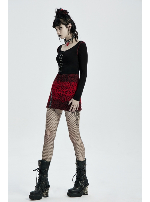 Metal Eyelets Leather Strap Decoration Red Punk Leopard Print Camo Fleece Skirt