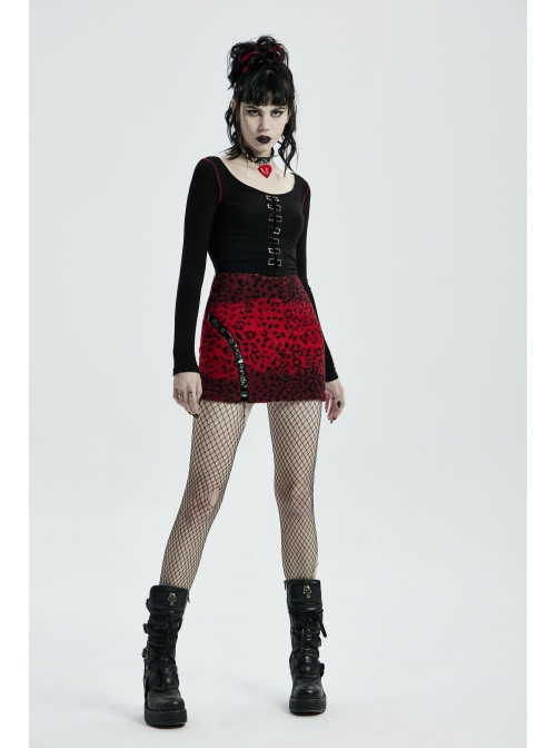 Metal Eyelets Leather Strap Decoration Red Punk Leopard Print Camo Fleece Skirt