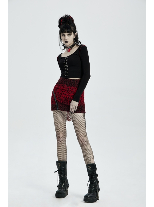 Metal Eyelets Leather Strap Decoration Red Punk Leopard Print Camo Fleece Skirt