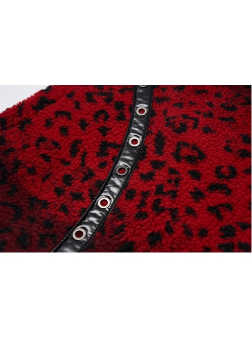 Metal Eyelets Leather Strap Decoration Red Punk Leopard Print Camo Fleece Skirt