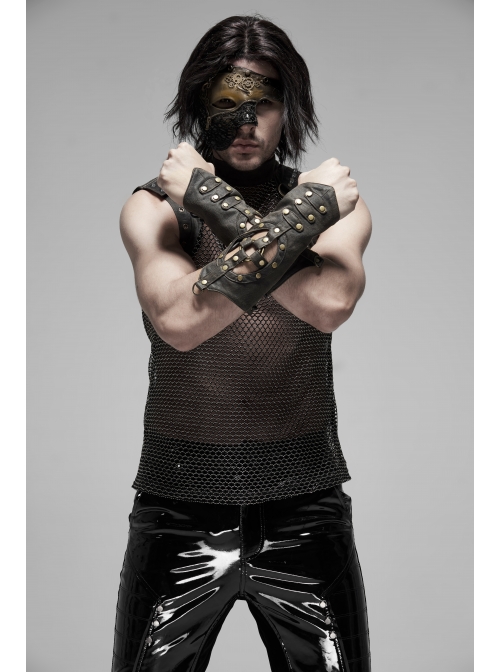 Metal Nails Decoration Lace-Up Hollow-Out Black Punk Woven Women Gloves