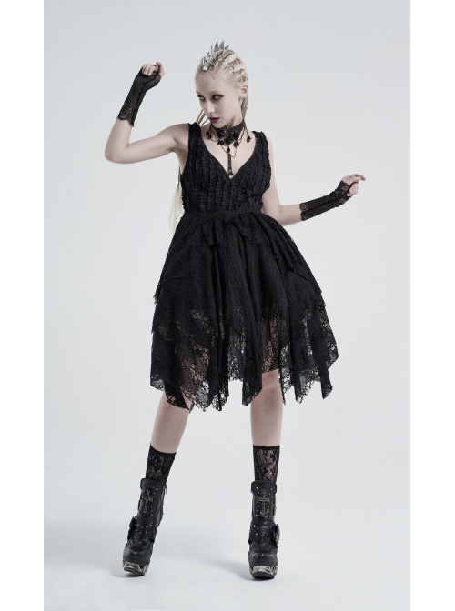 Black Gothic Hollow Hook Lace Mesh Gloves