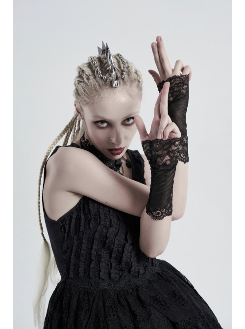 Black Gothic Hollow Hook Lace Mesh Gloves