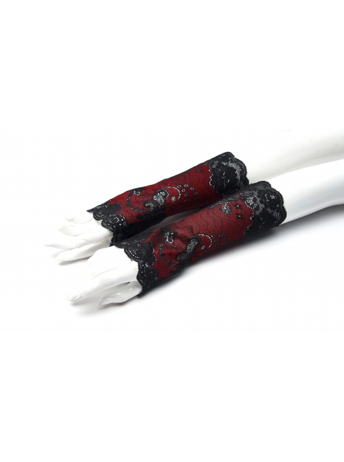 Red Gothic Hollow Hook Lace Mesh Gloves