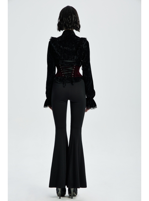 Front Decals Mesh Side Zipper Back Waist Lace-Up Black Gothic Velvet Belt