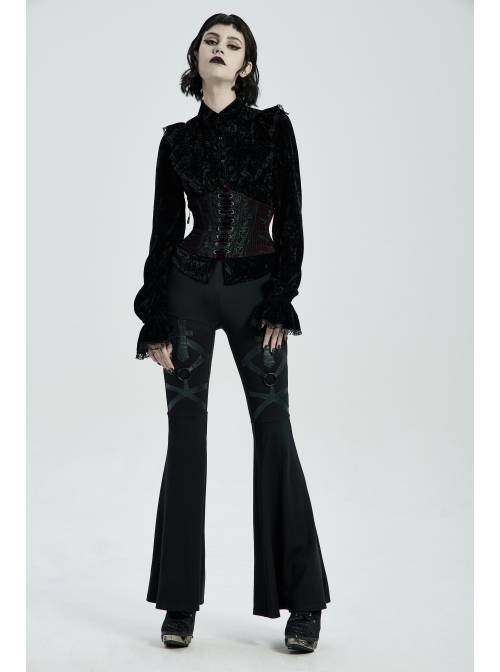 Front Decals Mesh Side Zipper Back Waist Lace-Up Black Gothic Velvet Belt