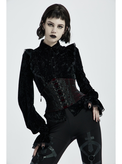 Front Decals Mesh Side Zipper Back Waist Lace-Up Black Gothic Velvet Belt