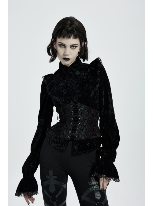 Front Decals Mesh Side Zipper Back Waist Lace-Up Black Gothic Velvet Belt