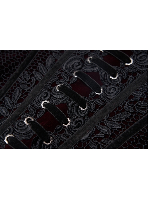 Front Decals Mesh Side Zipper Back Waist Lace-Up Black Gothic Velvet Belt