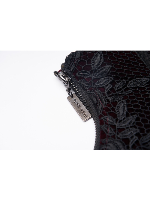 Front Decals Mesh Side Zipper Back Waist Lace-Up Black Gothic Velvet Belt