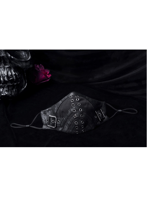 Women Metal Eyelets Decoration Black Punk Cracked Texture Print Mask