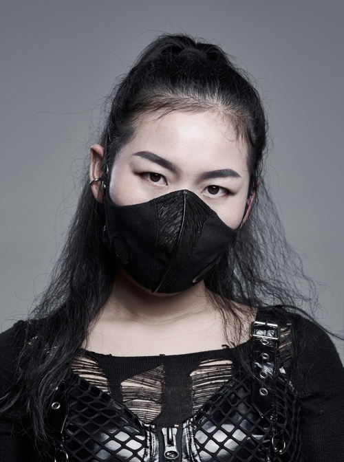 Women Front Metal Rings Mesh Decoration Black Punk Coarse Woven Mask