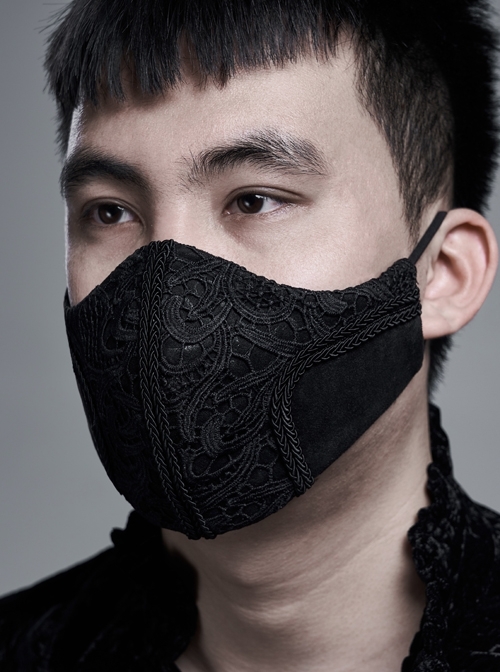 Men Front Three-Dimensional Embroidery Lace Black Gothic Dark Grain Embossed Mask