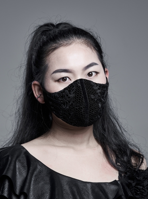 Women Front Splice Lace Mesh Side Lace-Up Black Gothic Velvet Mask
