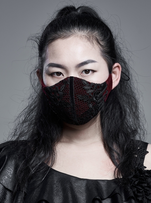 Women Front Splice Lace Mesh Side Lace-Up Wine Red Gothic Velvet Mask