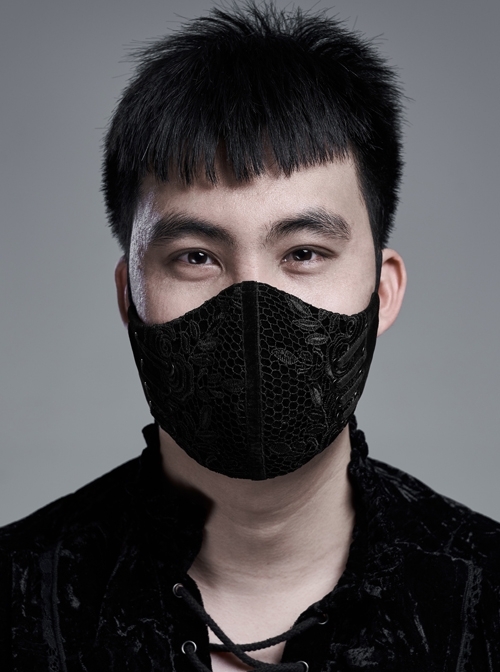 Men Front Splice Lace Mesh Side Lace-Up Black Gothic Velvet Mask