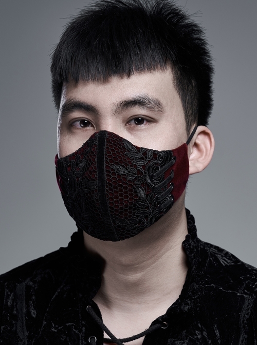 Men Front Splice Lace Mesh Side Lace-Up Wine Red Gothic Velvet Mask