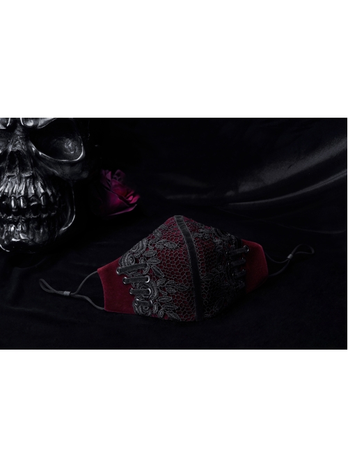 Men Front Splice Lace Mesh Side Lace-Up Wine Red Gothic Velvet Mask