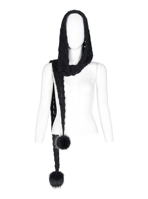 Fluffy Ball Decoration Black Gothic Hollow-Out Imitation Woven Hooded Scarf
