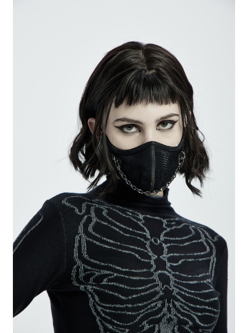 Front Metal Chain Decoration Splice Mesh Black Punk Snake Texture Flocked Mask