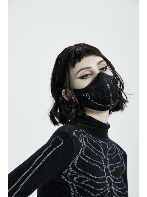 Front Metal Chain Decoration Splice Mesh Black Punk Snake Texture Flocked Mask