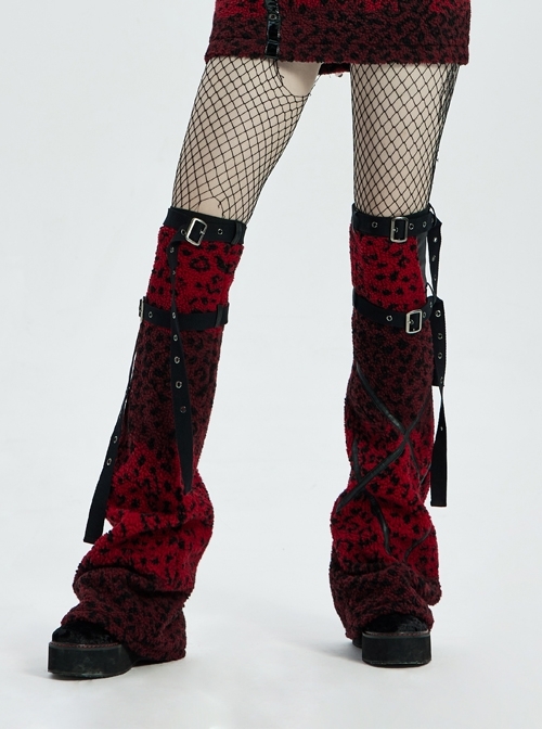Metal Buckle Strap Red Punk Leopard Cashmere Leg Sleeve