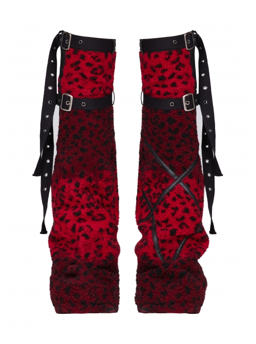 Metal Buckle Strap Red Punk Leopard Cashmere Leg Sleeve