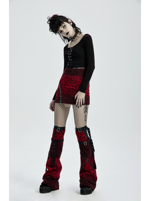 Metal Buckle Strap Red Punk Leopard Cashmere Leg Sleeve