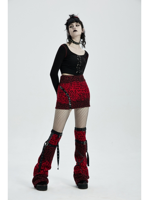 Metal Buckle Strap Red Punk Leopard Cashmere Leg Sleeve