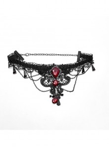 Front Huge Ruby Pendant Lace Decals Metal Chain Decoration Black Gothic Necklace