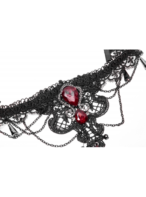 Front Huge Ruby Pendant Lace Decals Metal Chain Decoration Black Gothic Necklace