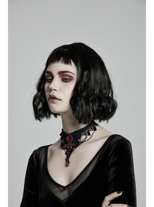 Front Huge Ruby Pendant Lace Decals Metal Chain Decoration Black Gothic Necklace