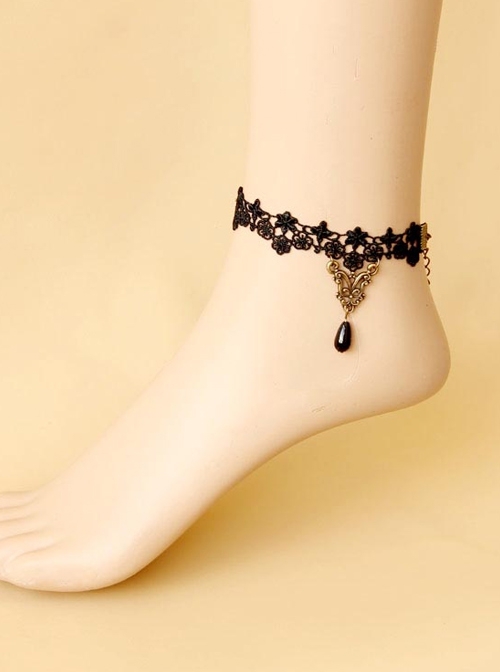 Black Retro Elegant Fashion Gothic Lace Pearl Butterfly Flower Anklet
