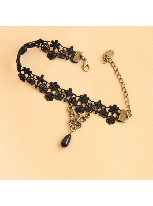Black Retro Elegant Fashion Gothic Lace Pearl Butterfly Flower Anklet