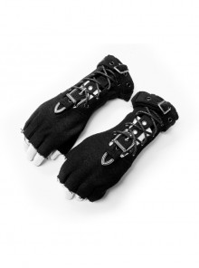 Metal Buckle Lace-Up Decoration Black Punk Half-Finger Knit Gloves