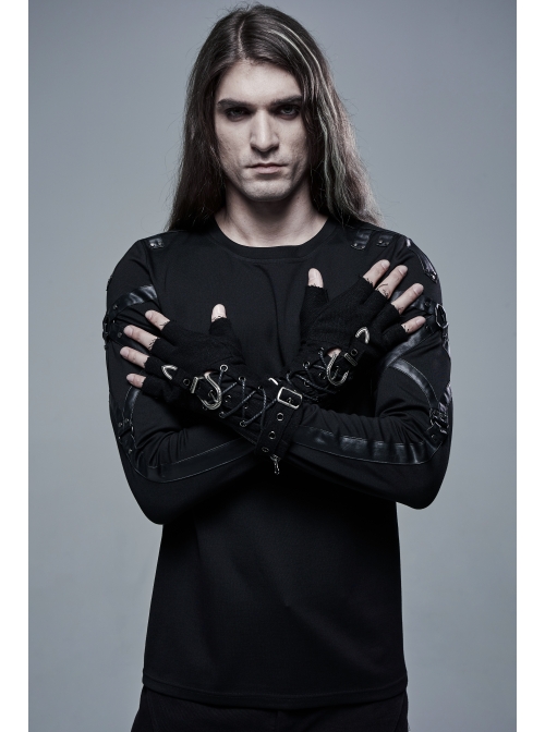 Metal Buckle Lace-Up Decoration Black Punk Half-Finger Knit Gloves