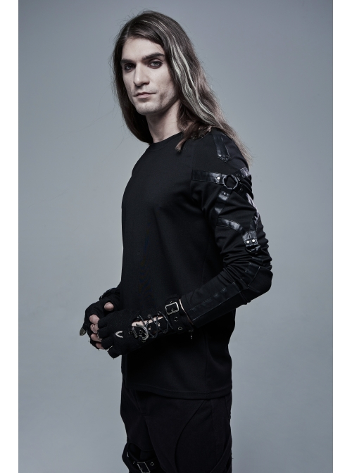 Metal Buckle Lace-Up Decoration Black Punk Half-Finger Knit Gloves