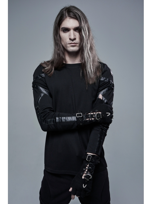 Metal Buckle Lace-Up Decoration Black Punk Half-Finger Knit Gloves