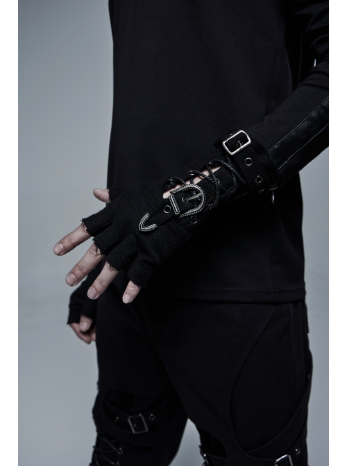 Metal Buckle Lace-Up Decoration Black Punk Half-Finger Knit Gloves