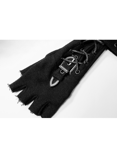 Metal Buckle Lace-Up Decoration Black Punk Half-Finger Knit Gloves
