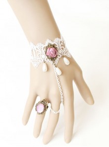 Vintage Baroque Fashion White Lace Pearl Pink Rose Crystal Female Bride Bridesmaid With Ring Bracelet