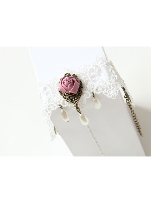 Vintage Baroque Fashion White Lace Pearl Pink Rose Crystal Female Bride Bridesmaid With Ring Bracelet