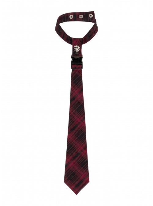 Metal Skull Decoration Red Plaid Punk Tie